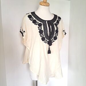Star Mela | Cream white & black embroidered tunic shirt with tassels